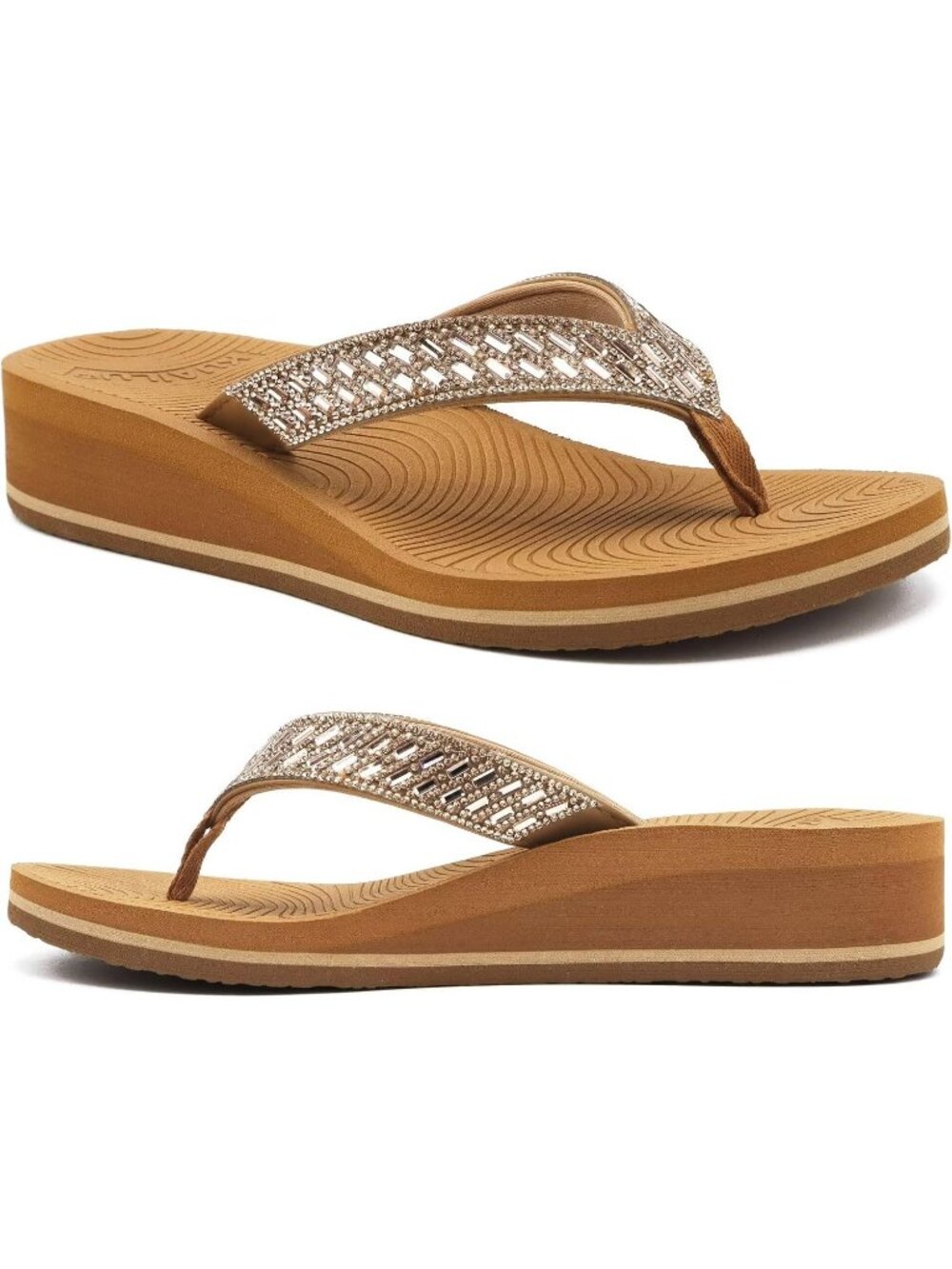 Women's Khaki Comfortable Rhinestone Support Casual Flip Flops Stylish Sandals